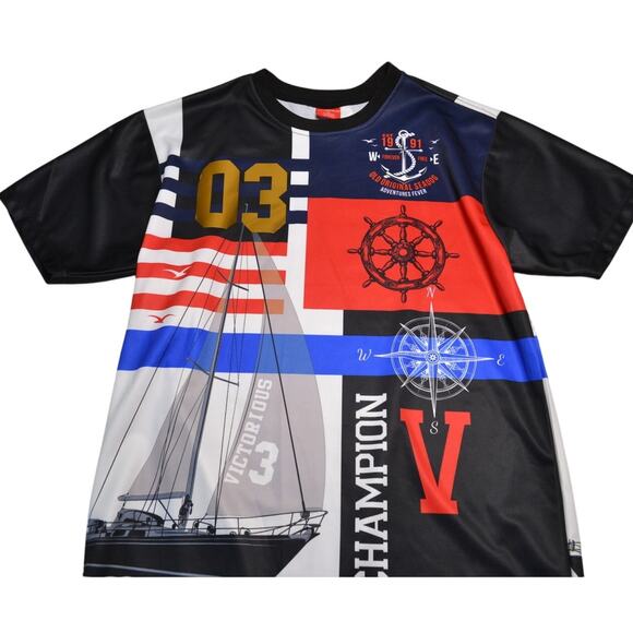 Victorious Men's Nautical Graphic T-Shirt Size XL Sailboat Compass Red Blue Foil - Picture 1 of 7